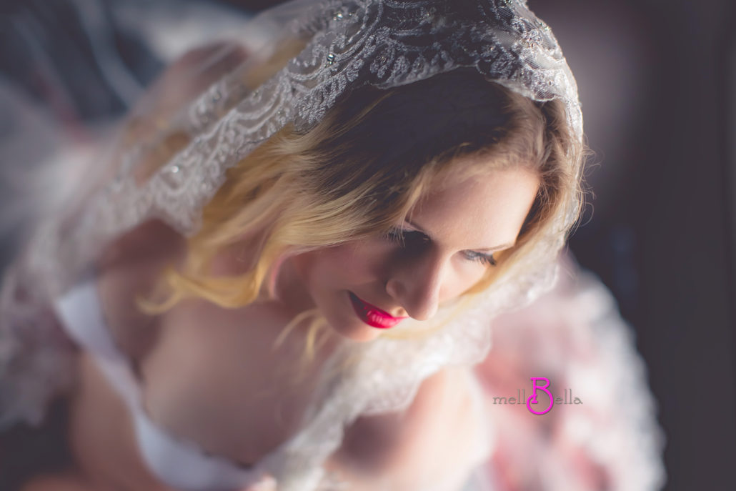 bridal boudoir veil and red lips