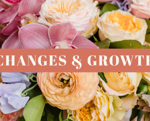 bouquet of spring flowers in pastel pink, yellow, orange, blue, and purple with the words Changes & Growth in the center of the image
