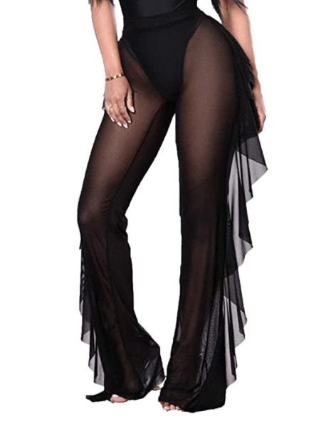 black sheer pants with ruffles on the sides